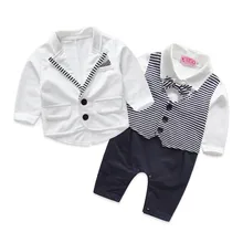 Gentleman bébé garçon vêtements blanc manteau + rayé barboteuses vêtements set nouveau-né costume de mariage