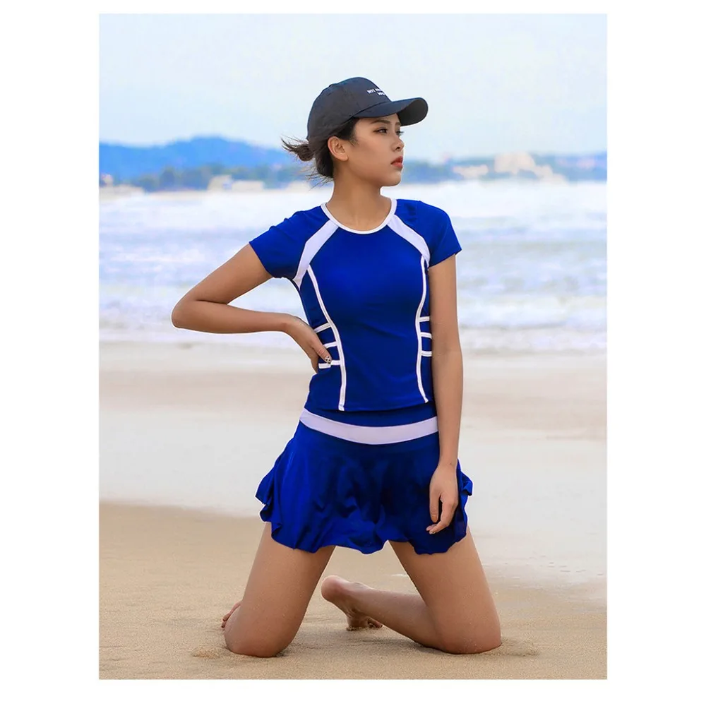 

2 Pieces Women Short Sleeve UV Sun Protection UPF 50+ Rash Guard Top Sexy Swimsuit Bathing Suit Striped swimwear Set #sx
