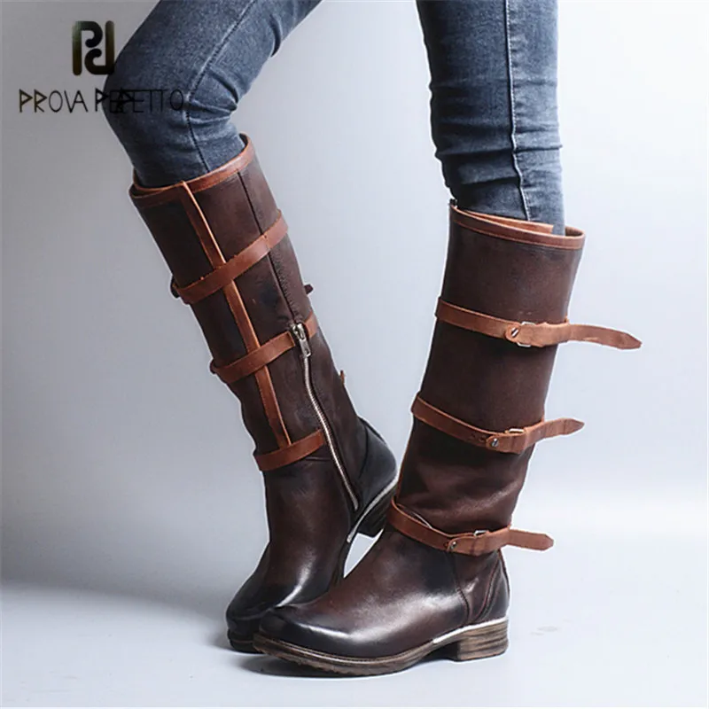 

Prova Perfetto Straps Genuine Leather Women Knee High Boots Fashion Riding Boots Flat Shoes Woman Platform High Botas Militares