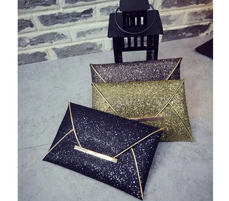 Women Evening Bag Pouch Sequins Envelope Clutch Black Handbag Sparkling