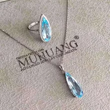 Натуральный голубой топаз ювелирные наборы драгоценных камней натуральный драгоценный камень кулон кольцо 925 серебро стильные Большие капли воды груша женские вечерние ювелирные изделия