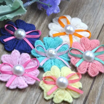 

20pcs Satin ribbon bows flower with pearl wedding DIY appliques A305