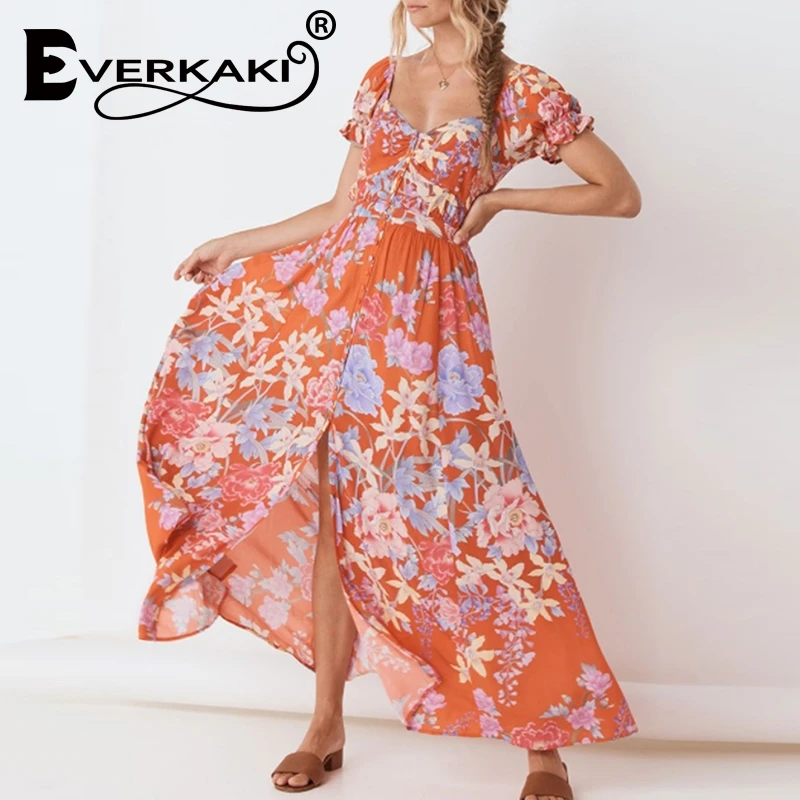 

Everkaki Ladies Dress Summer Dress Women Sundress Button Up Split Floral Print Flowy Evening Party Female Long Dresses Vestidos