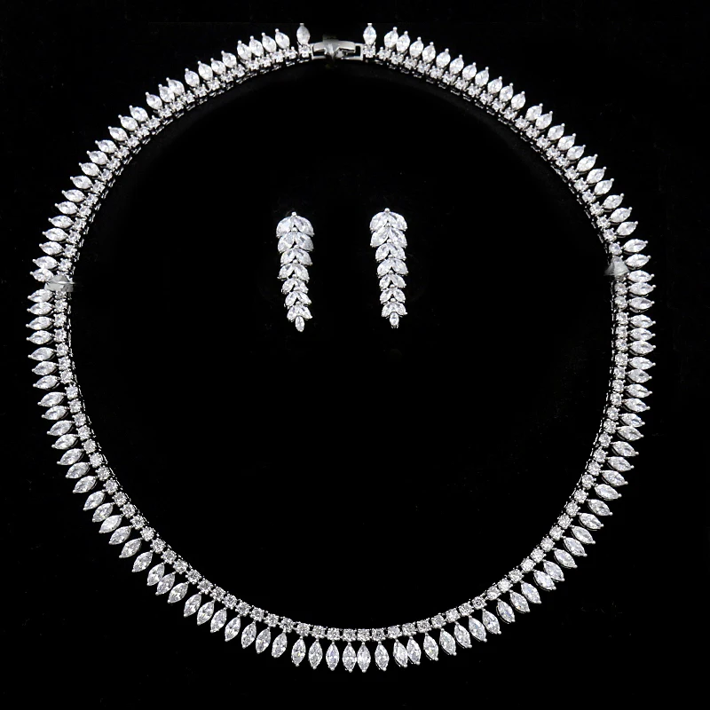 

WEIMANJINGDIAN Brand White Gold Color Luxury Teardrop Cubic Zirconia Tennis Necklace and Earrings Wedding Jewelry Set for Bride