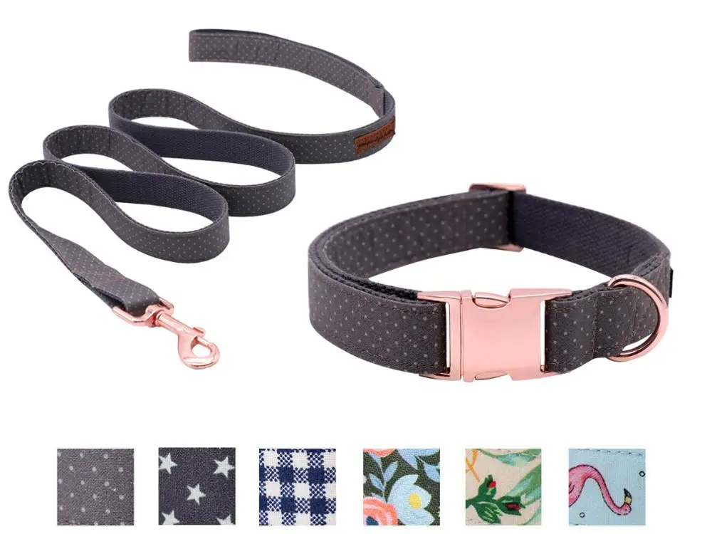 collar and leash Собачьи лапы в уникальном стиле, ошейник или поводок с бантиками в серый горошек с хлопковой тесьмой - Цвет: collar and leash