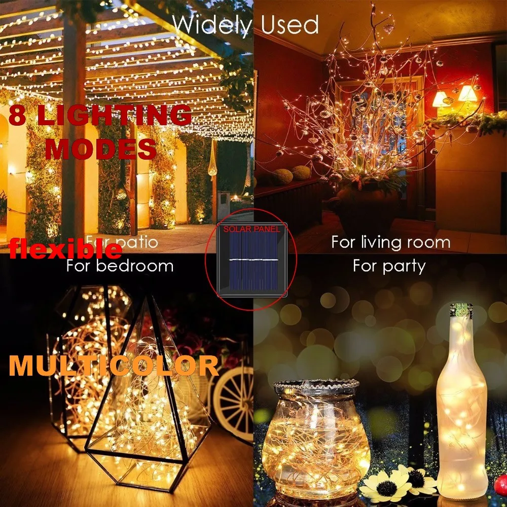 

8 modes multicolor 5M 50LEDs/ 10M 100LEDs/20M 200LEDs solar powered LED Wire lighting Outdoor holiday Garden party Christmas de