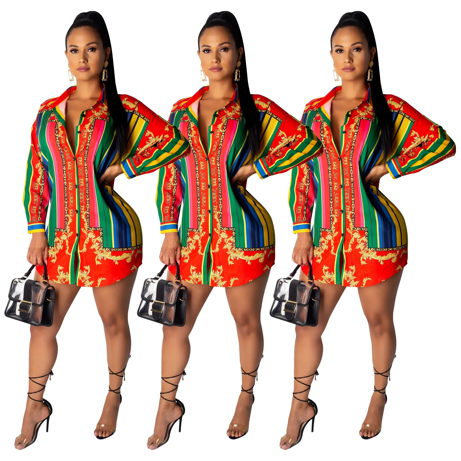 

Women Striped Long Sleeve Shirt Dress Colorful Bohemian Style Long Sleeve Mini Short Dress Loose Casual High Street Summer DRess