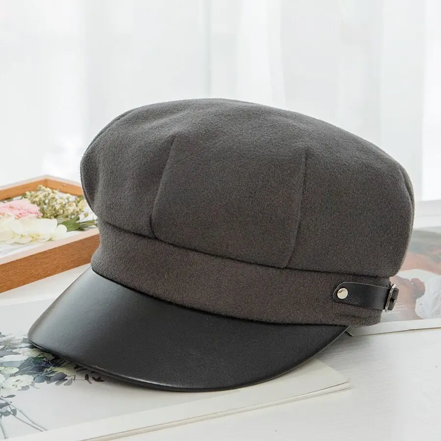 Winter Hairy Hat Women Fashion Berets Hats for Girl PU Wool Caps Men Brand Hat Military Cap Black Flat Caps - Цвет: Серый