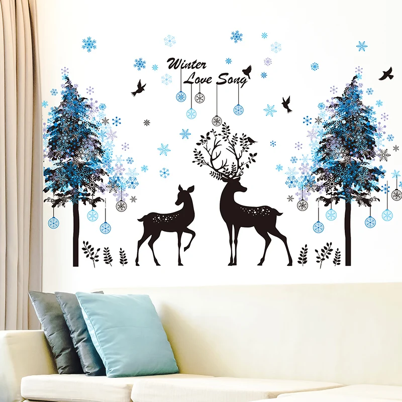 

[SHIJUEHEZI] Snowflakes Trees Black Deer Wall Stickers DIY Animal Mural Art for Living Room Bedroom Winter Decoration