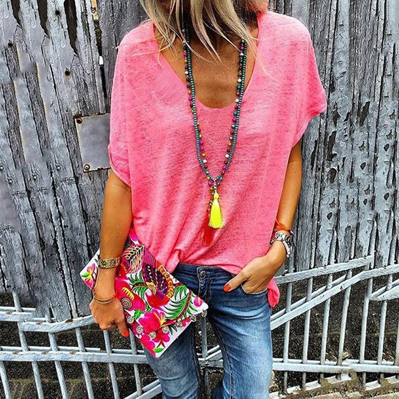 

High Quality T Shirt Woman Summer Fashion Solid Short Sleeve V Neck Women Tees Tops Casual Loose T-shirt Femme