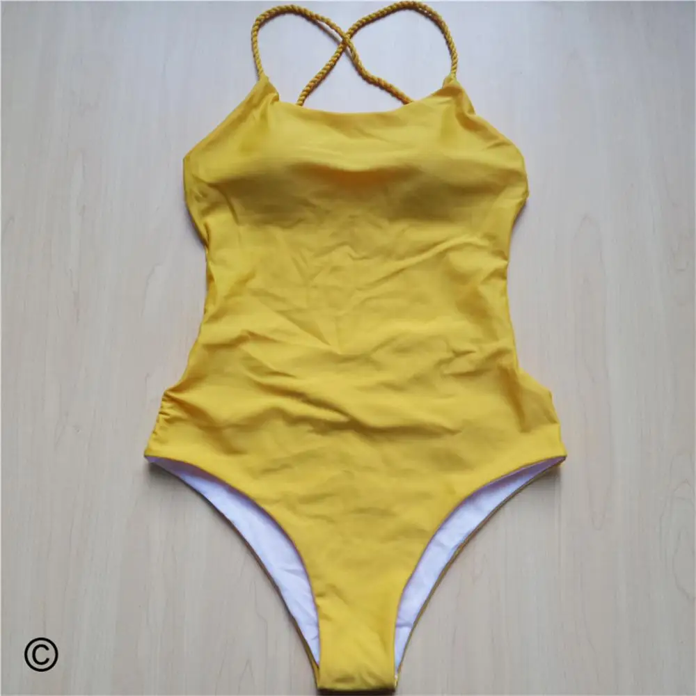 Неоновый зеленый розовый сексуальный цельный купальник с плетеными ремешками крест-накрест на спине Женская одежда для плавания женский купальный костюм Купальник для женщин V127G - Цвет: Цвет: желтый