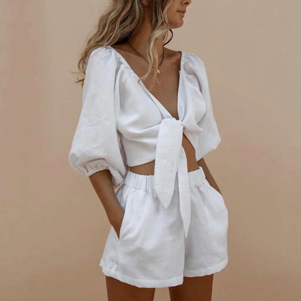 

Womens Autumn Casual Shorts Set New Fashion Two Piece Ladies Solid Middle Sleeve T-Shirt Shorts Sports Set Sexy Crop Tops