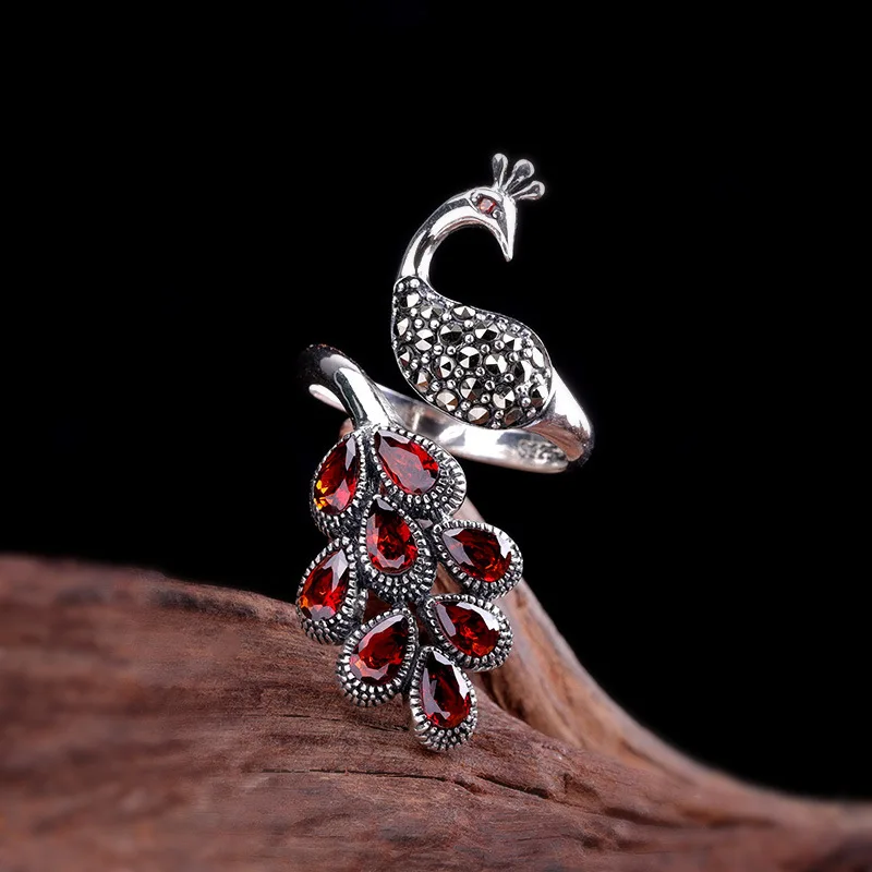 Genuine Solid Sterling Silver Peacock Ring 925 Wedding Womens Jewellery With Red Garnet Natural Stone Adjustable Fine Jewelry