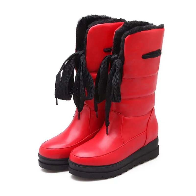 ANMAIRON/теплые зимние сапоги обувь круглый носок, высота до середины голени, обувь из PU искусственной кожи на танкетке средней высоты, на платформе; сапоги для девочек в стиле Большие размеры(34–43), черные, белый, красный - Цвет: Красный