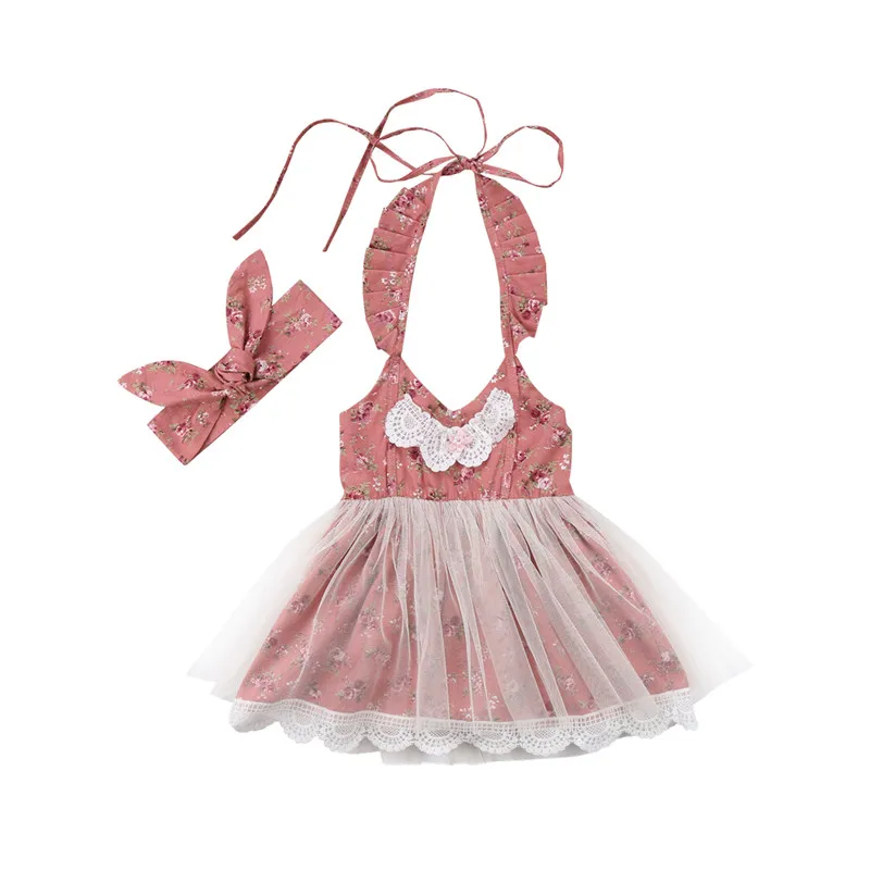 Бальное платье принцессы; винтажное детское платье с цветочным рисунком для маленьких девочек; детские кружевные фатиновые вечерние платья без рукавов; одежда; пляжный костюм - Цвет: Розовый