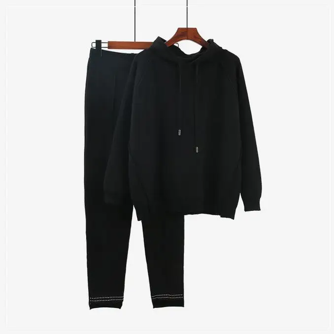 Осенний брендовый Модный комплект из 2 предметов, женский спортивный костюм, женские спортивные костюмы, трикотажный пуловер+ спортивные штаны - Цвет: Black