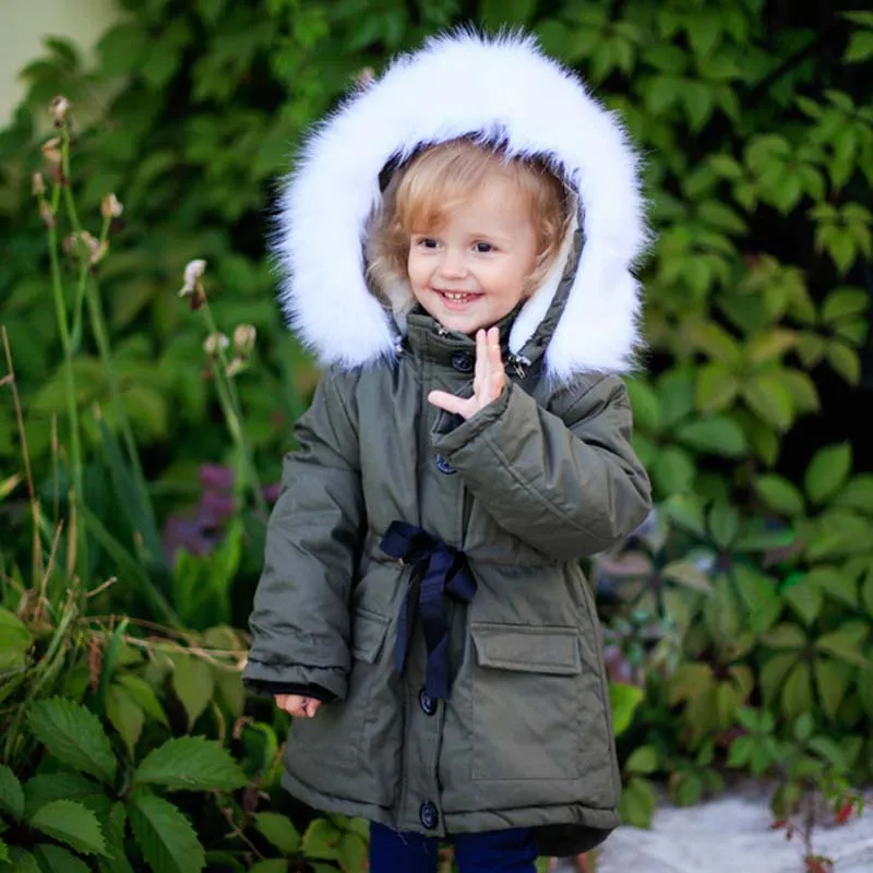 

3-11 years old Girls Winter coat Kids Faux Fur Collar Coat Children Winter Outwear low price Bow belt velvet thickening