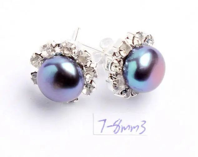 

Free Shipping >> 7-8mm Pretty Natural Black Color Freshwater Pearl Silver Crystal Earrings