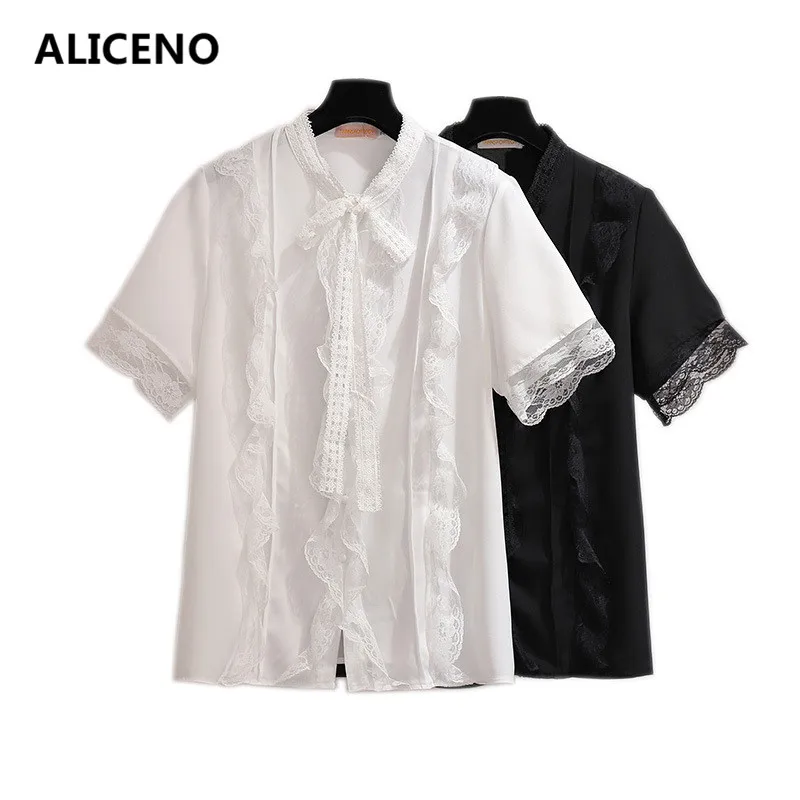 

ALICENO New 2019 Summer Big Size 6XL-2XL 60-150kg People Wear Sexy Lace Women Thin Chiffon Blouse Short Sleeve Casual Shirts