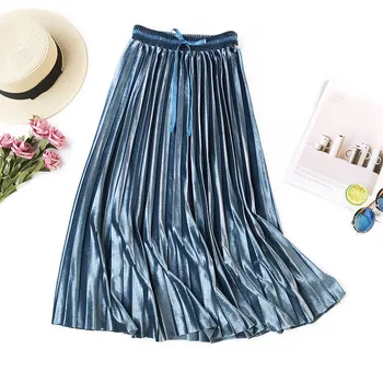 

OHRYIYIE Pleated Skirts Women Autumn Winter 2019 Fashion Long Maxi Skirt Female High Waist Elegant Midi Skirt Gray Pink Blue