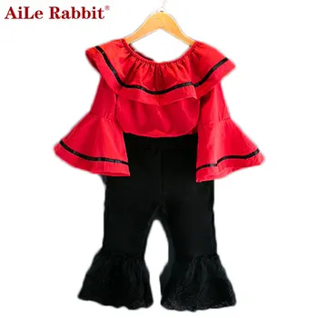 

AiLe Rabbit New Girl's Suit Tops Pants 2 Pieces Set Speaker Sleeves A Collar Lace Leggings Children Necklace Clothing Set k1