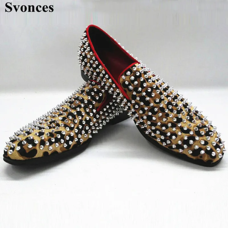 

Svonces Inside Red Sole Men Shoes Fashion Leopard Men Loafers Spikes Casual Dress Shoes Slip On Men Flats Smoking Driving Shoe