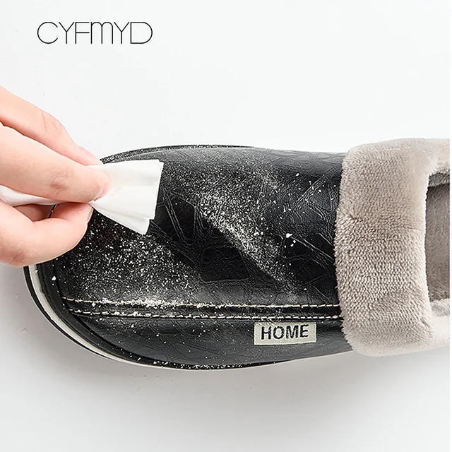 Men's slippers Home Winter Indoor Warm Shoes Thick Bottom Plush  Waterproof Leather House slippers man Cotton shoes 2021 New 4