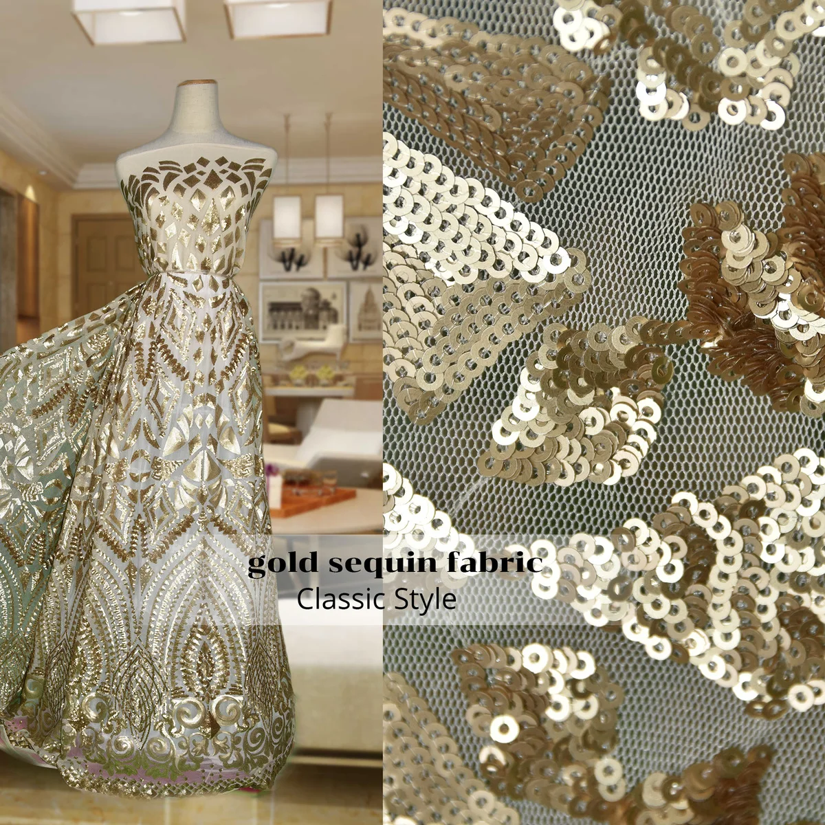 

Gold African Lace Fabric French Sequins Net Lace High Quality African Sequin Lace Fabric 2018 French Sequin Fabric 4.5*1.35m