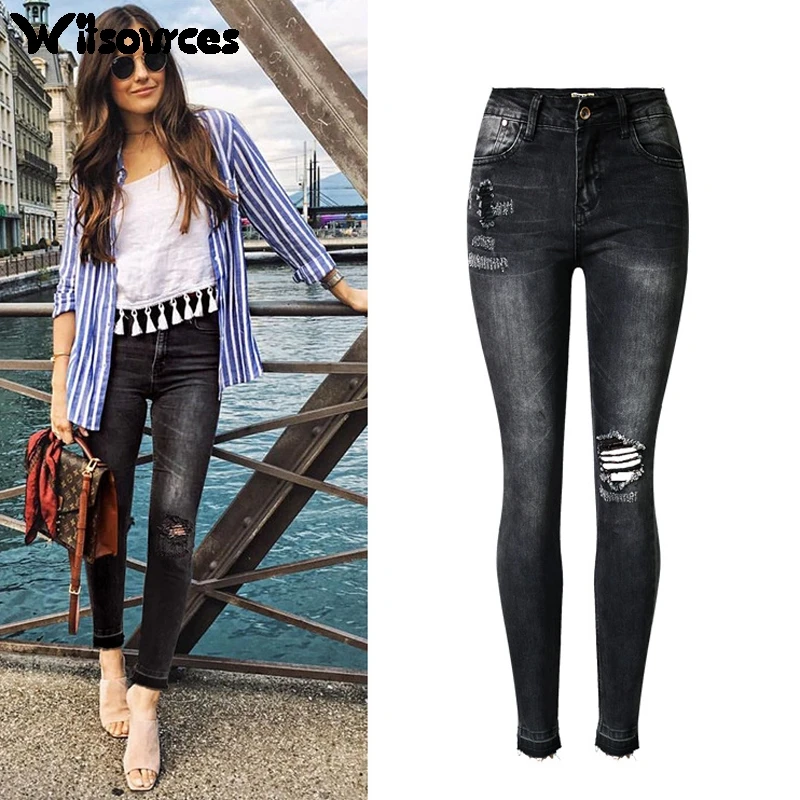 Witsources women ripped holes pencil denim pants summer new high waisted skinny casual jeans