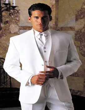 

Classic Design White Tuxedos For Men Stand Collar Wedding Suits For Men Groom Wedding Suits Groomsmen Suits(jacket+pants+vest)