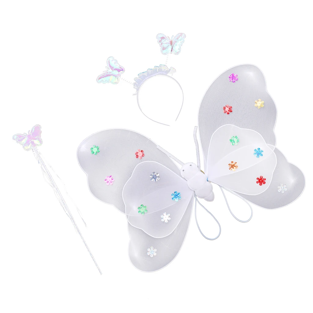 3 x Kids girls Fairy Princess Costume Sets Colorful Stage Wear Butterfly Wings Wand Headband Tutu Skirt Accessory Multi Color 