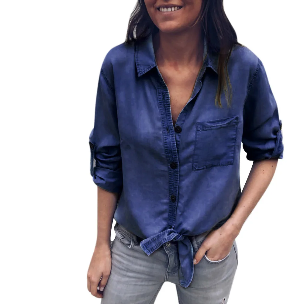 Plus Size Fashion Women Solid Denim Cuffed Sleeve Blouse Bandage Long