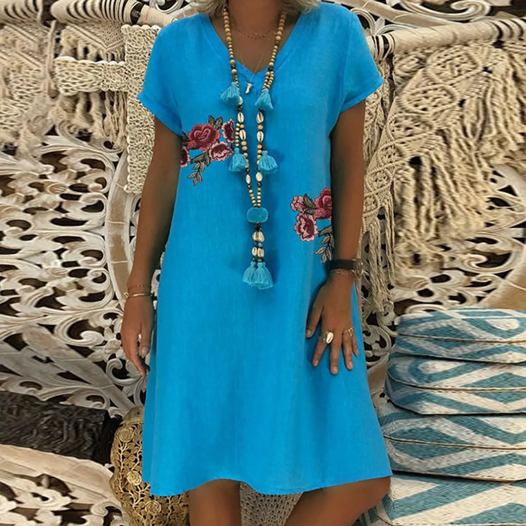 

Fashion summer dresses casual beach Cotton and Linen Solid Color V-Neck Short Sleeve party Dress vestidos de verano mujeres 2019