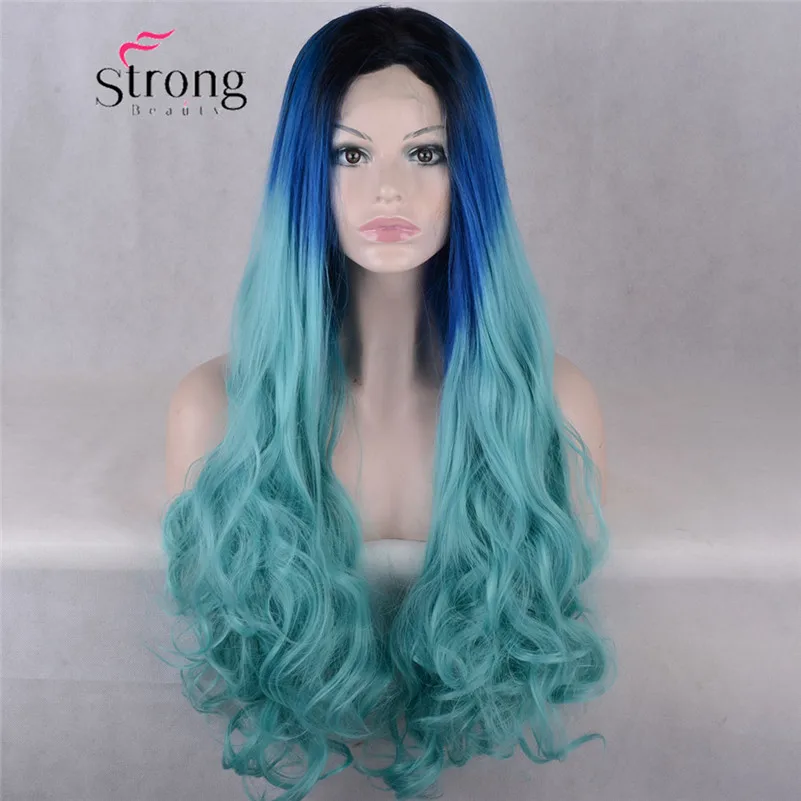 Ombre Blue Black Synthetic Hair Lace Front Wigs For Cosplay Masque ...