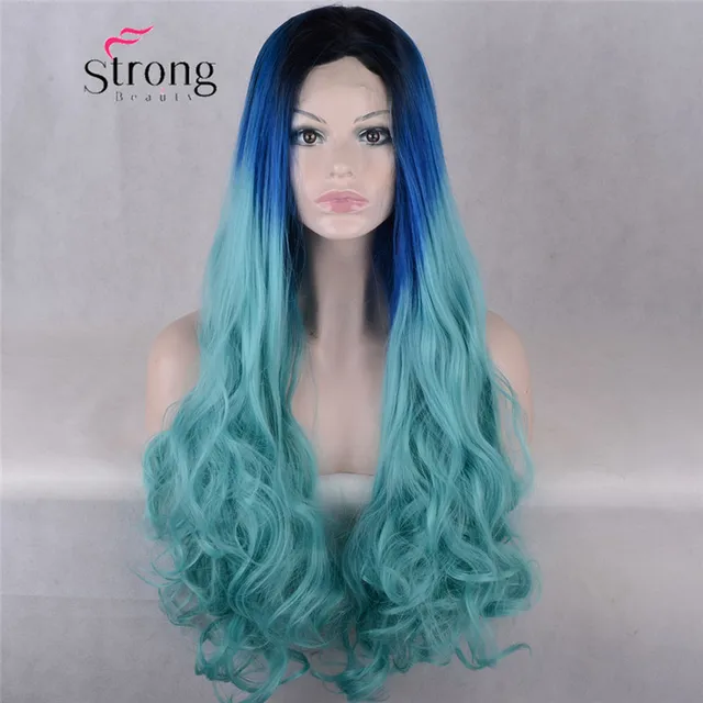 Ombre Blue Black Synthetic Hair Lace Front Wigs For Cosplay Masque
