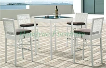 Latest designs white rattan bar table chairs furniture with cushions