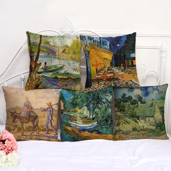 

Hot Van Gogh Oil Printing 18" Cotton Linen Sofa Decorative Throw Cushion Cover Home Decor Mediterranean Style Pillow Case
