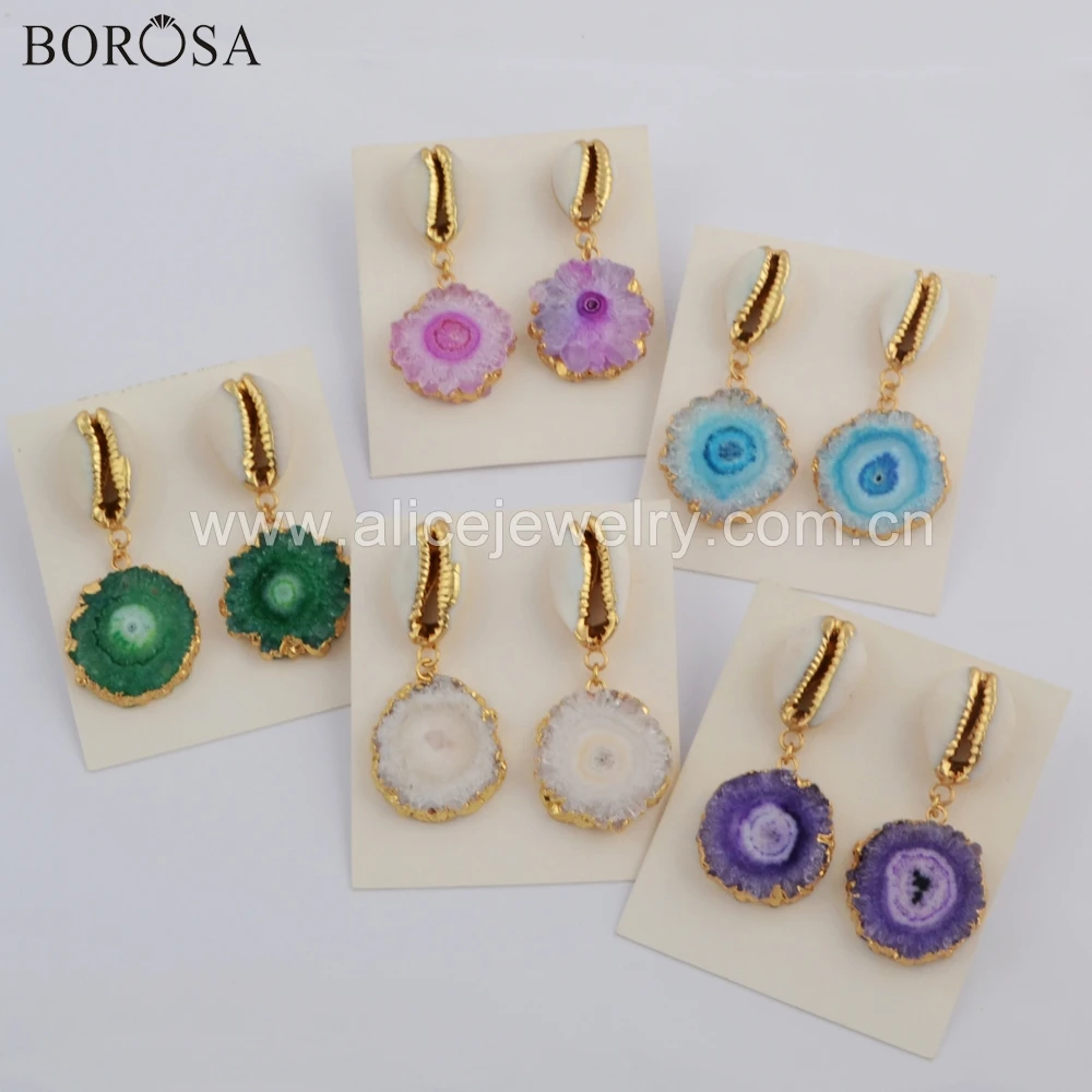 

BOROSA 3/5Pairs Gold Color Natural Cowrie Shell with Natural Solar Quartz Sun Flower Stone Titanium Rainbow Dangle Earring G1740