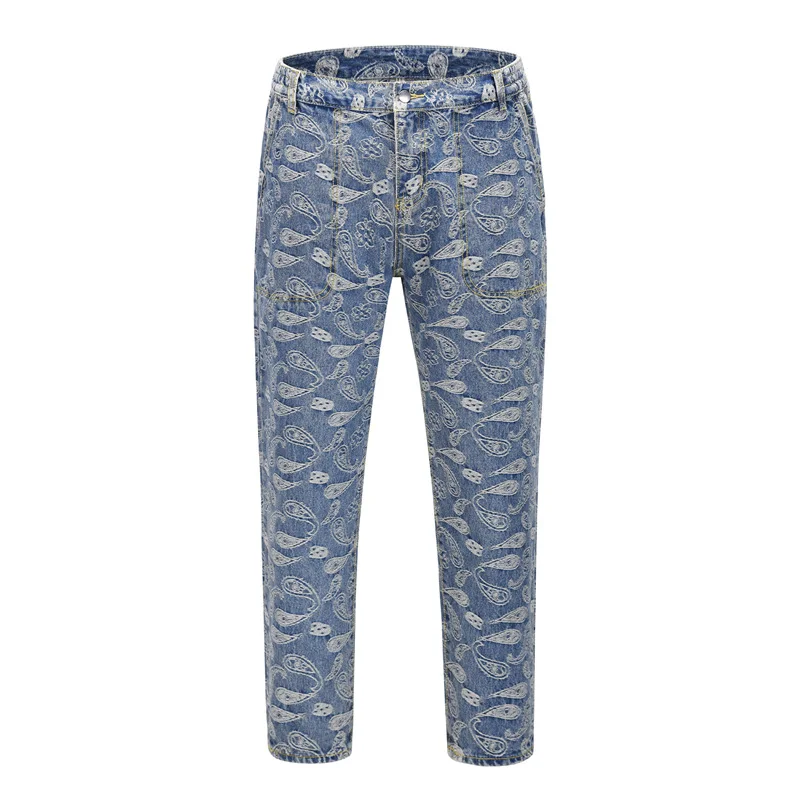 

Men women jeans hip hop Cashew flowers blue pencil pants light kanye west winter streetwear blue biker denim jeans modis jean