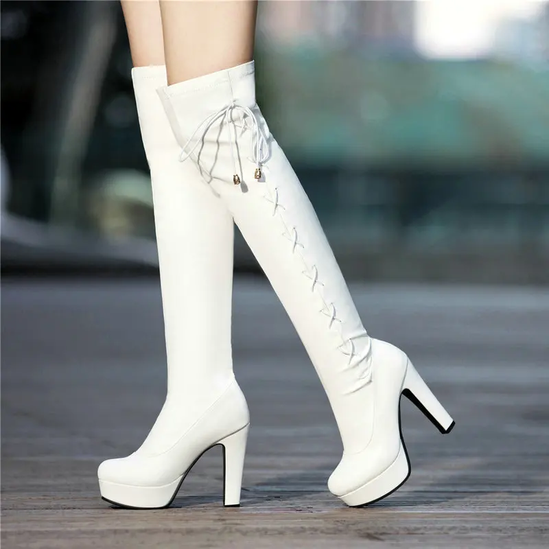 

Women Slip On Comfort Platform Square High Heel Over The Knee Boots Fashion Cross Tied Round Toe Warm Winter Thigh Boots Black