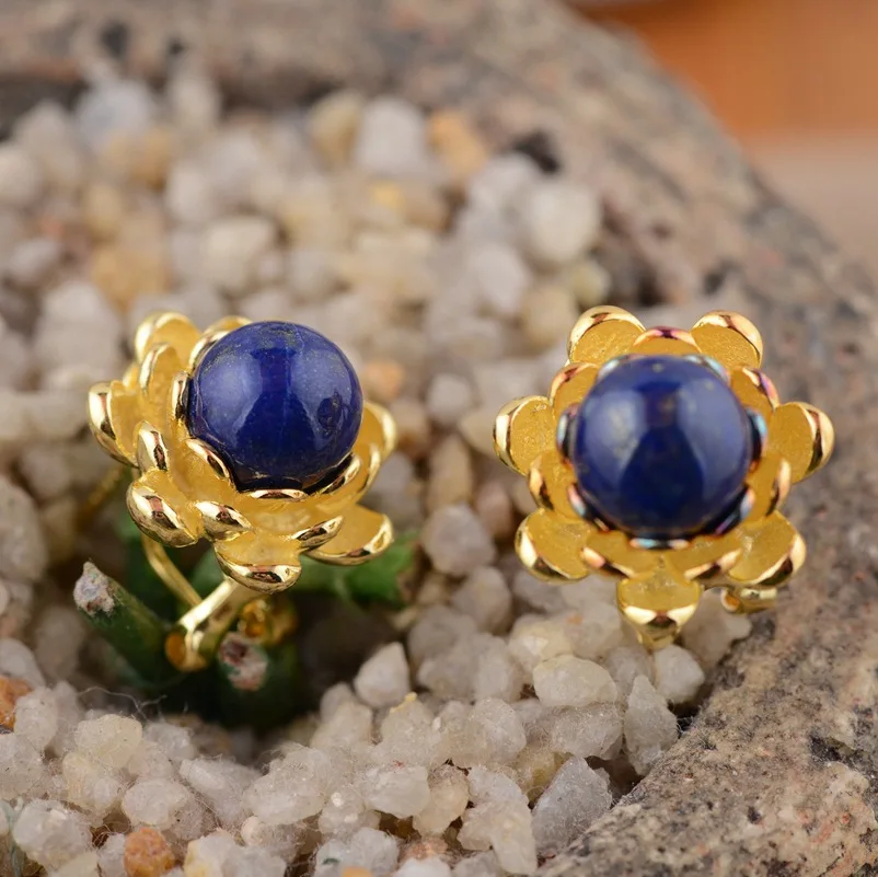 

Lapis lazuli ear buckle S925 silver inlaid female models Blossoming beautiful style suit