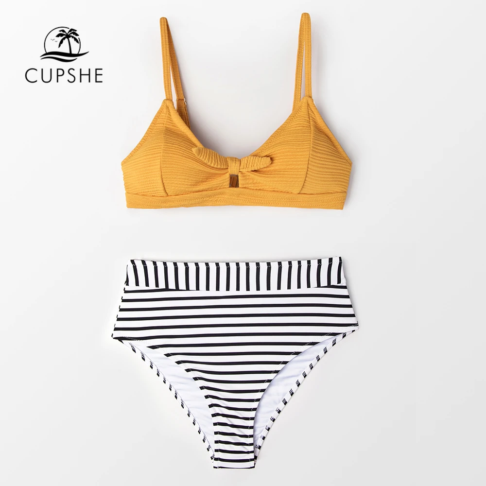 Cupshe Knotted Yellow Bikini With Striped High Waist Bottom Women Boho 