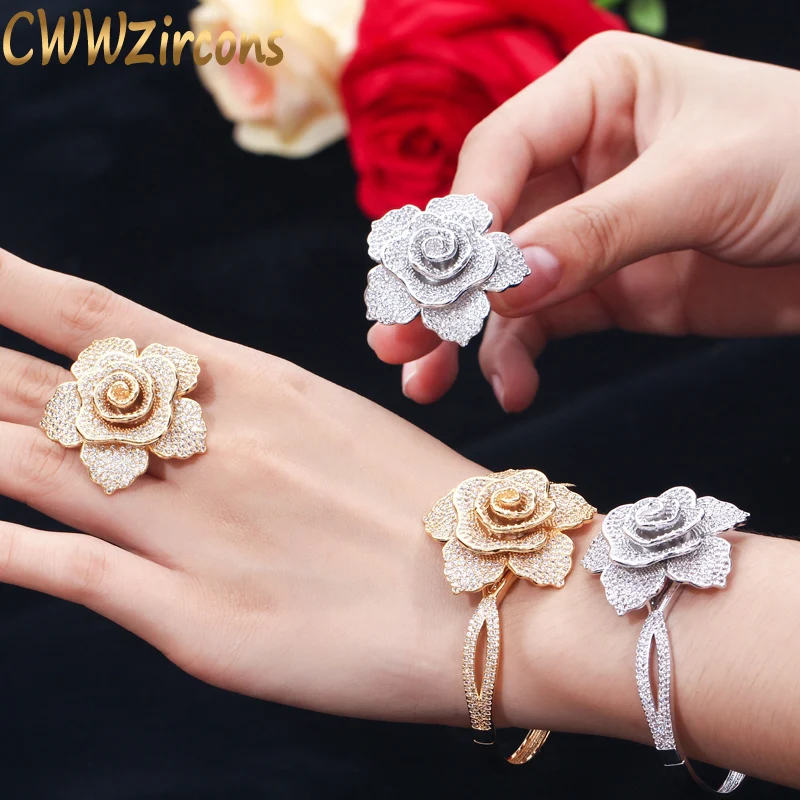 Najtaniej CWWZircons luksusowy kwadratowe cyrkonie duży złoty geometryczny kwiat kobiet Wedding Party pierścienie i bransoletka zestawy biżuterii dla panien młodych T323