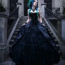 Vintage negro victoriano gótico vestidos de novia corsé sin tirantes vampiros estilo Punk país vestido de boda talla grande reinas malvadas