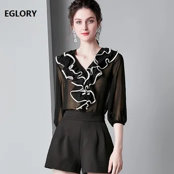 

High Quality Chiffon Blouse Shirts 2019 Summer Sexy Office Blouse Women V-Neck Vintage Button Ruffle Black White Polka Dot Shirt