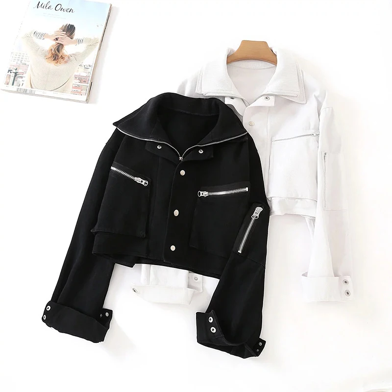 

2019 Spring Women Short Jacket Loose Zipper Turn-down Collar Windbreaker Jacket Women's Spring Jackets