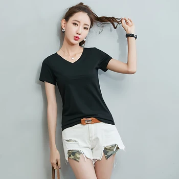 

Suehaiwe's brand short sleeve t shirt women solid black t-shirt female cotton v-neck tshirt ladies 4XL plus size camisa demarque