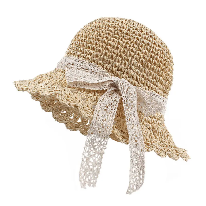Bow Baby Girl Straw Sun Hat Hollow Breathable Cool Fedora Cap for Princess Sunshade Summer Beach with Wide Brim Sweat Band and Chinstrap (3)