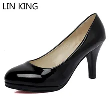 LIN KING Plus Size Thin Heel Women Pumps Patent Leather Slip On High Heel Summer Shoes Lady Round Toe Platform Office Work shoes цена LIN KING Plus Size Thin Heel Women Pumps Patent Leather Slip On High Heel Summer Shoes Lady Round Toe Platform Office Work shoes цены онлайн