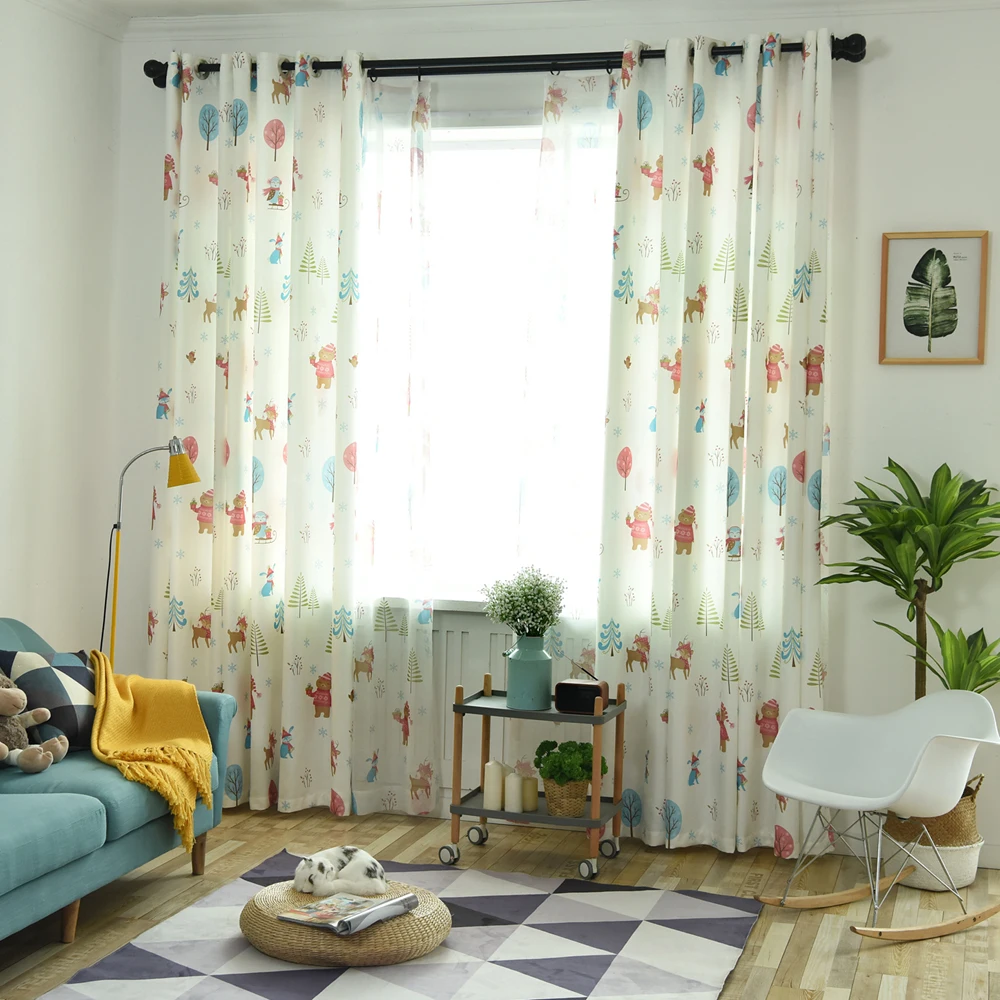 Azul de dibujos animados tela Blackout cortinas para sala Cortina dormitorio árbol impresión rideaux Tulle inicio decoración wp029 y 4